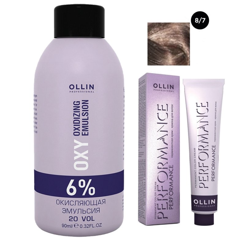 Ollin Professional Набор 'Перманентная крем-краска для волос Ollin Performance оттенок 8/7 светло-русый коричневый 60 мл + Окисляющая эмульсия Oxy 6% 90 мл' (Ollin Professional, Performance)