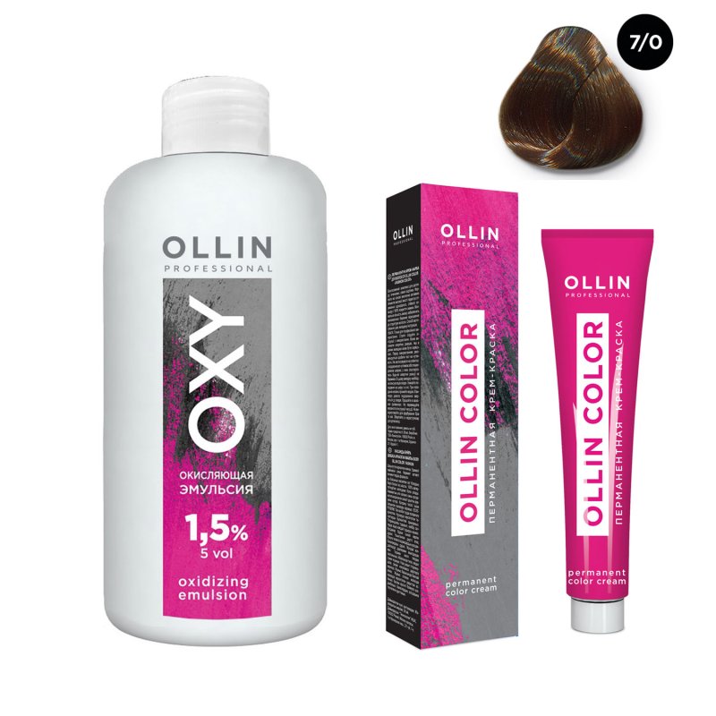 Ollin Professional Набор 'Перманентная крем-краска для волос Ollin Color оттенок 7/0 русый 100 мл + Окисляющая эмульсия Oxy 1,5% 150 мл' (Ollin Professional, Ollin Color)
