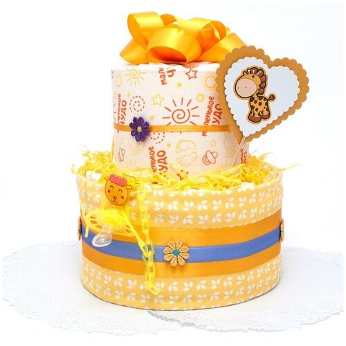 Веселый торт из памперсов и подгузников 'Маленькое чудо' для девочки и мальчика на день рождения, с комбинезоном и пеленкой, с атласным бантом оранжевого цвета и нарисованными зверями