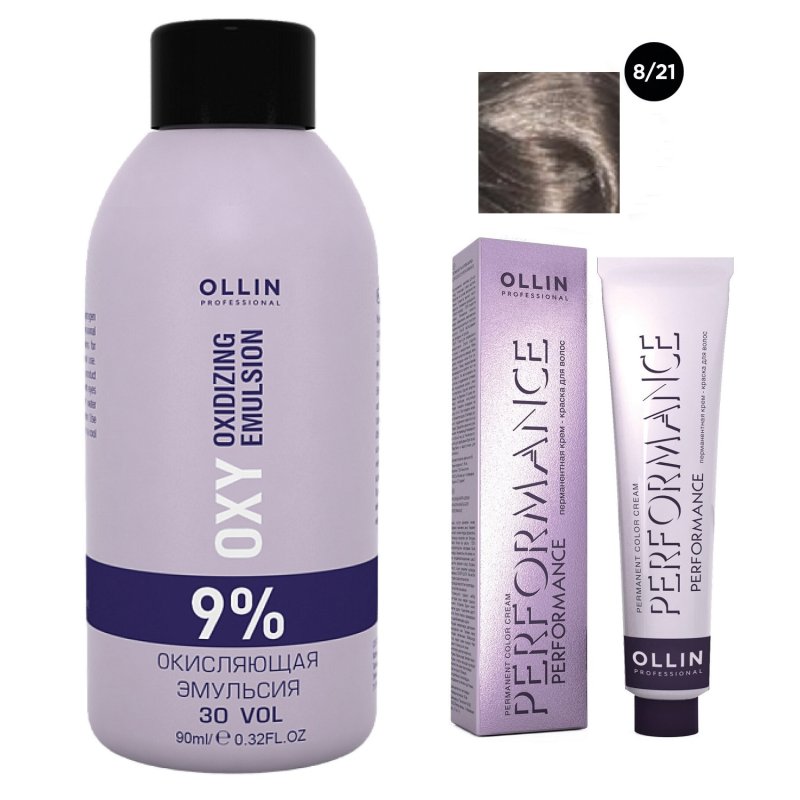 Ollin Professional Набор 'Перманентная крем-краска для волос Ollin Performance оттенок 8/21 светло-русый фиолетово-пепельный 60 мл + Окисляющая эмульсия Oxy 9% 90 мл' (Ollin Professional, Performance)