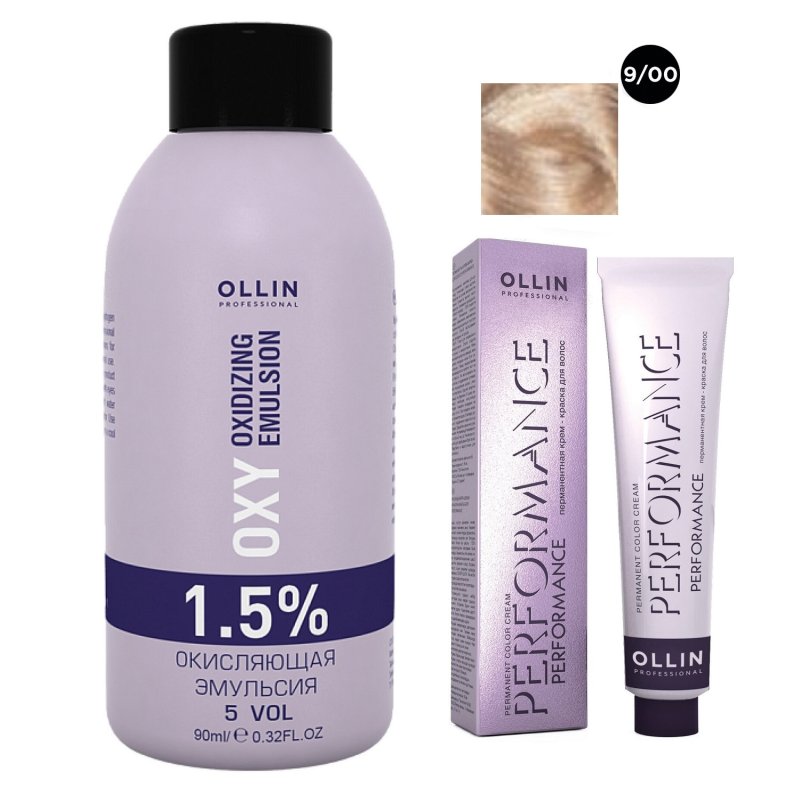 Ollin Professional Набор 'Перманентная крем-краска для волос Ollin Performance оттенок 9/00 блондин глубокий 60 мл + Окисляющая эмульсия Oxy 1,5% 90 мл' (Ollin Professional, Performance)