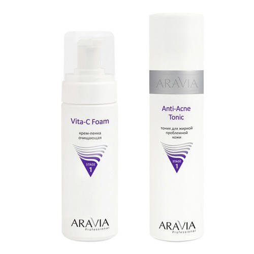 Aravia Professional Комплект Тоник для жирной проблемной кожи Anti-Acne Tonic, 250 мл + Крем-пенка очищающая Vita-C Foam, 160 мл (Aravia Professional, Уход за лицом)